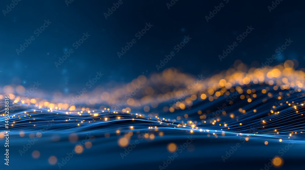 Poster abstract digital landscape with glowing lines and dots on a dark blue background, signifying a data 