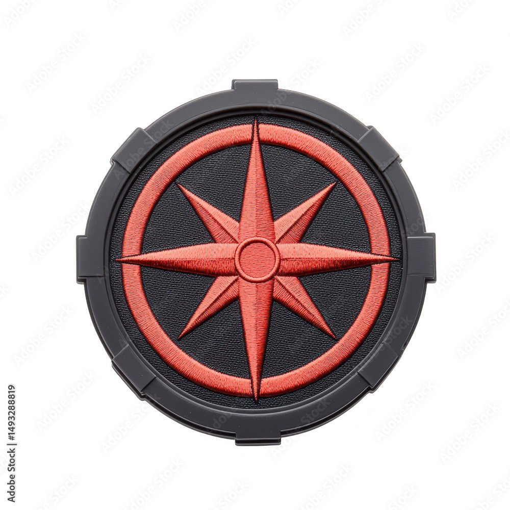 Poster circular emblem features red compass rose design on textured transparency background, symbolizing di