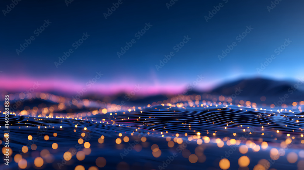 Poster abstract digital landscape with glowing lines and dots on a dark blue background, signifying a data 