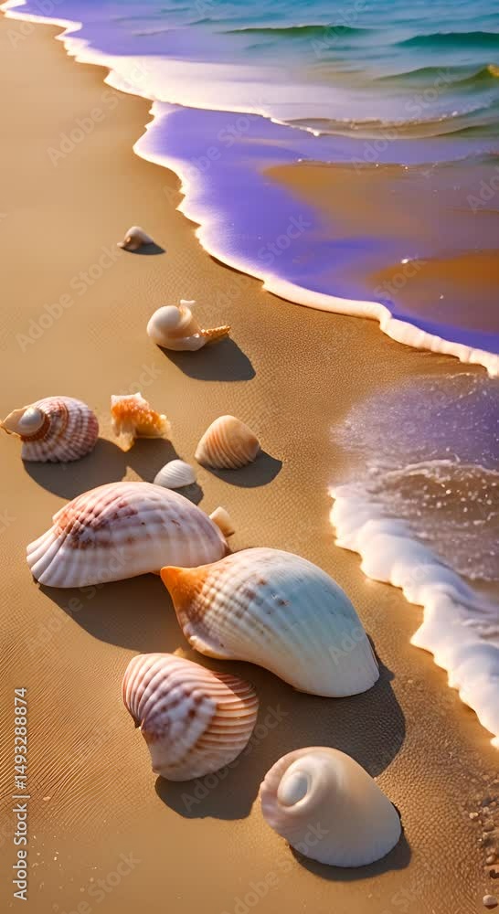 Poster beautiful array of colorful seashells on the sandy shoreline with gentle waves lapping at their edge