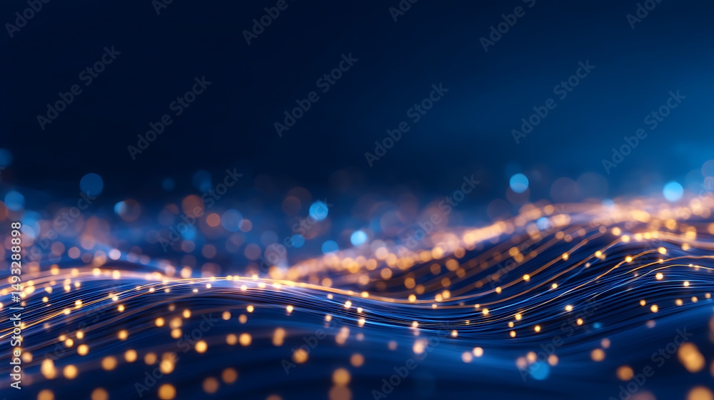 Poster abstract digital landscape with glowing lines and dots on a dark blue background, signifying a data 
