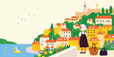 A charming, artistic illustration of a lady gazing at a scenic coastal town, capturing the tranquility and beauty of the seaside, complete with lush landscapes and a delightful sense of leisure.