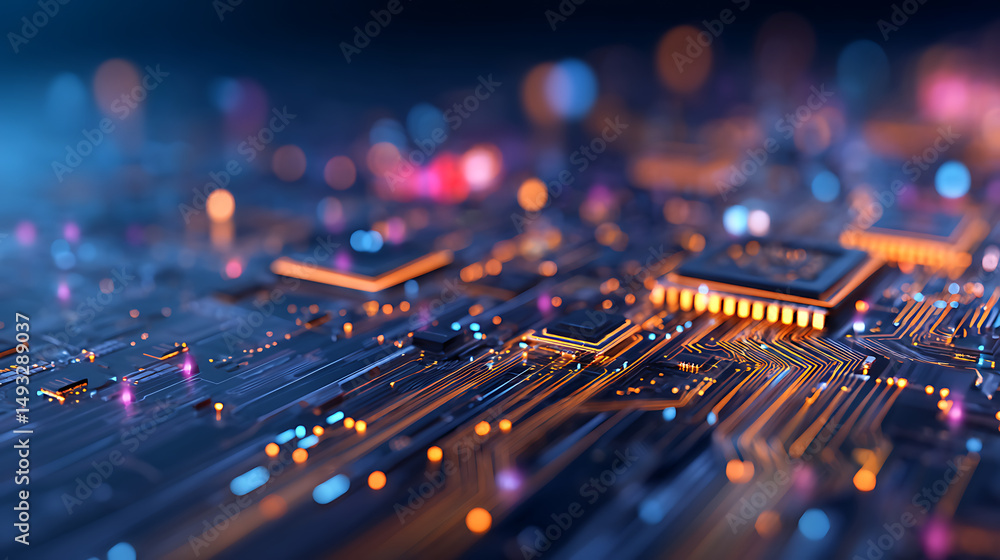Poster abstract digital circuit board with glowing lines on dark background. 3d rendering 13255275 4