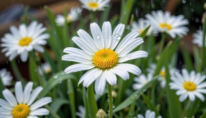 a delicate daisy flower, its petals adorned with tiny, glistening rain drops, stood as a beacon of resilience in a soft shower of water