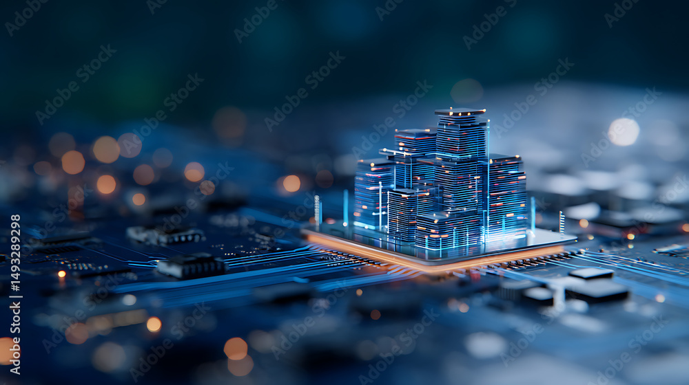 Poster a glowing blue digital structure resembling a futuristic building on a circuitboard-inspired backgro