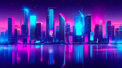 Futuristic Neon City Skyline with Skyscrapers Reflected on Water at Night in Retro Cyberpunk Style
