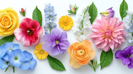 Fototapeta premium A beautiful arrangement of vibrant flowers including roses, dahlias, and hydrangeas with fresh green leaves creates a colorful floral display on a bright white background.