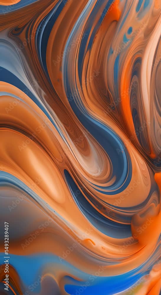 Poster abstract fluid shapes of blue and orange colors blending together in soft swirls creating an artisti