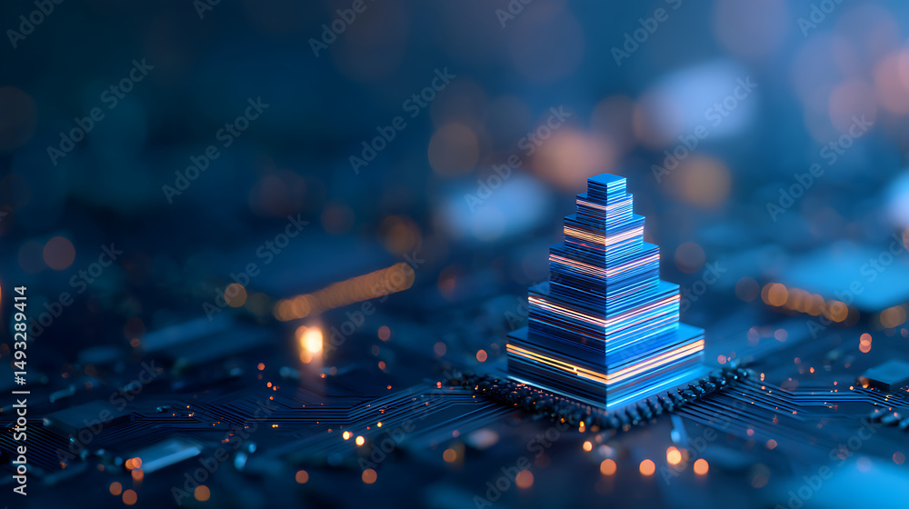 Poster a glowing blue digital structure resembling a futuristic building on a circuitboard-inspired backgro
