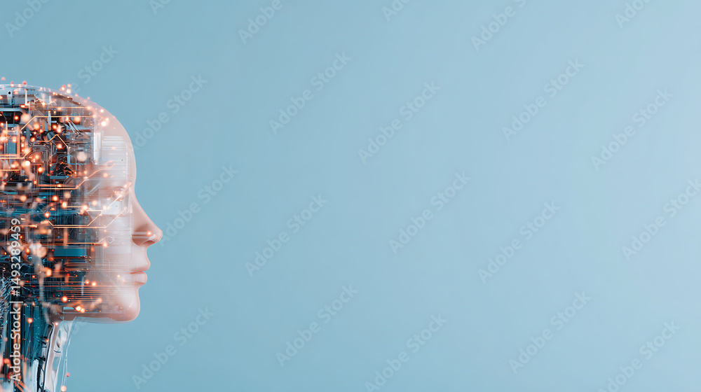 Poster digital representation of human head with neural network on abstract blue background. concept of art