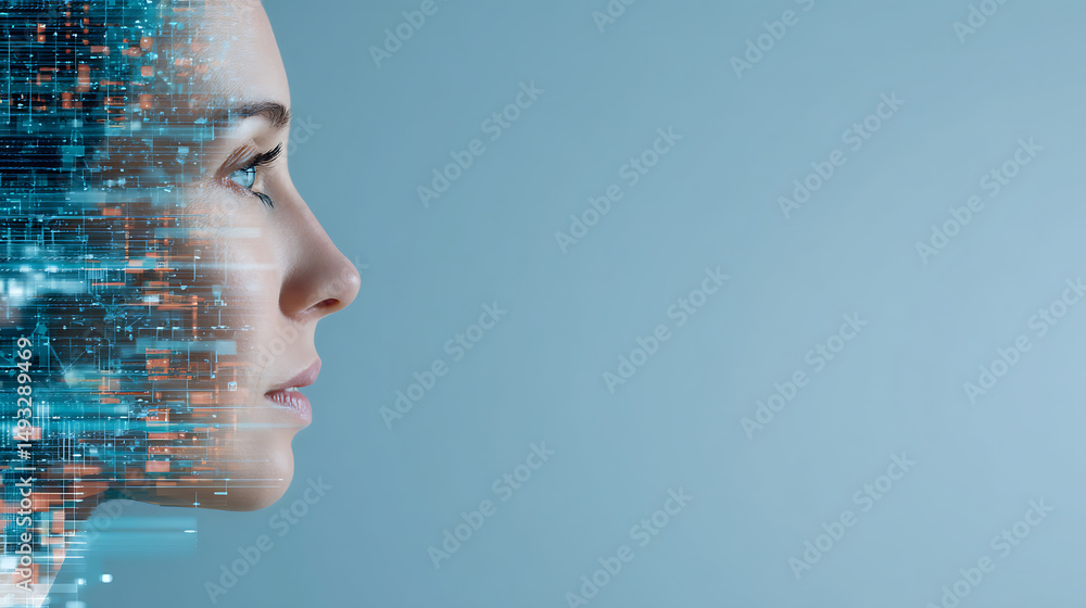 Poster digital representation of human head with neural network on abstract blue background. concept of art