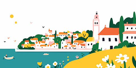 A whimsical illustration captures the serene coastal town, showcasing its unique architecture and lush greenery against a soft, colorful sky. A visual celebration of the mediterranean townscape.