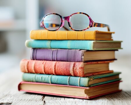 A stack of colorful vintage books with glasses resting on top. Perfect for a cozy reading nook.