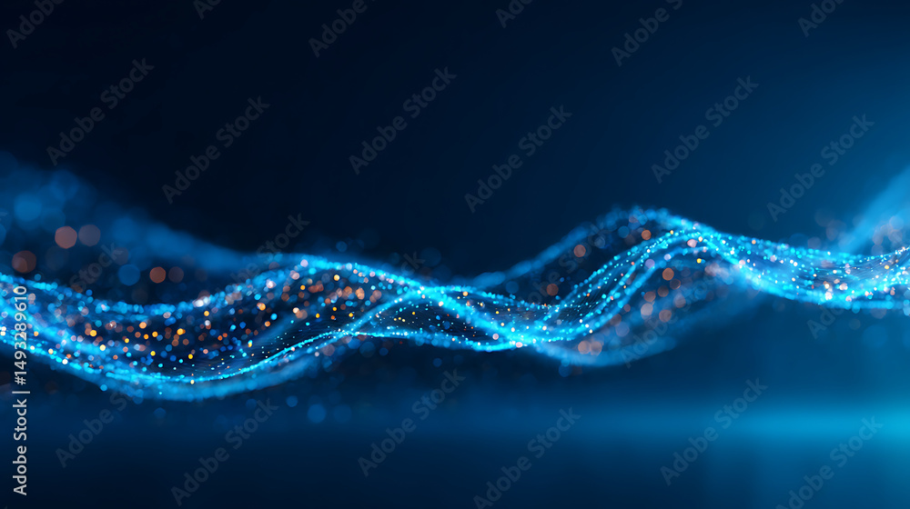 Poster a dynamic blue particle wave pattern against a dark background, illustrating a digital or technology