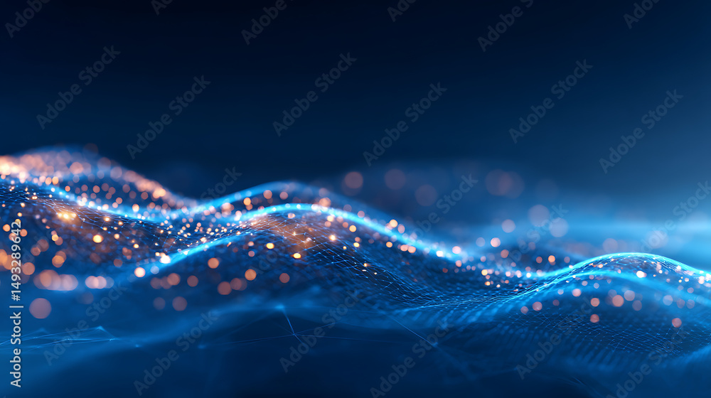 Poster a dynamic blue particle wave pattern against a dark background, illustrating a digital or technology