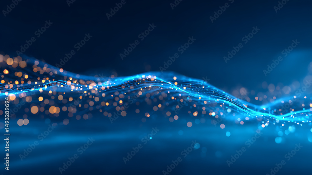 Aufkleber a dynamic blue particle wave pattern against a dark background, illustrating a digital or technology