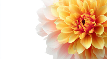 Fototapeta premium A captivating close-up showcases the vibrant yellow and peach hues of a dahlia flower, with its intricate petals creating a stunning floral display on white backdrop.