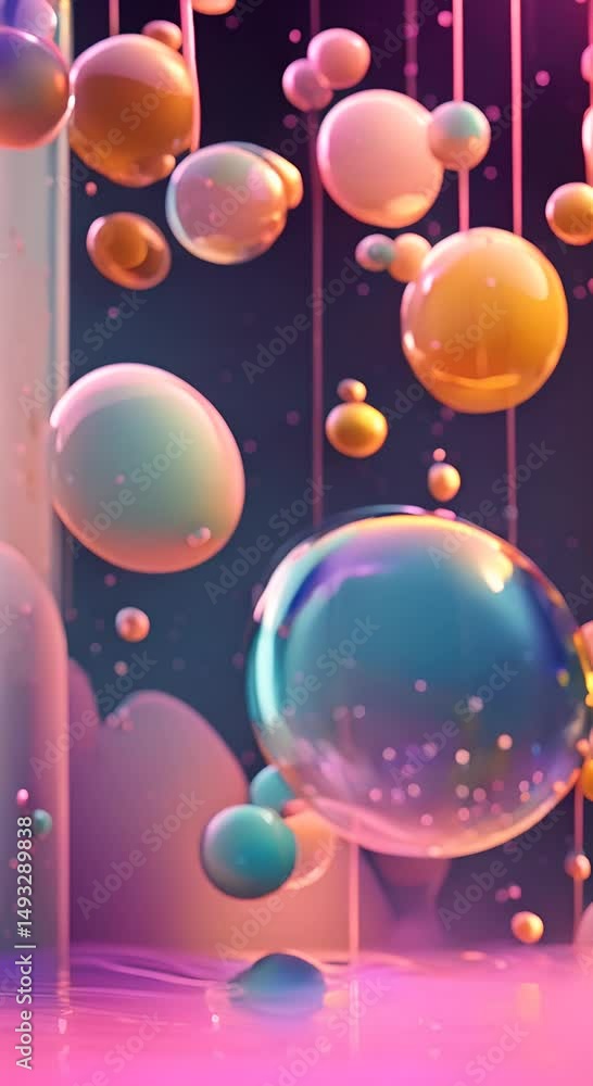 Poster abstract composition featuring luminous geometric shapes and translucent bubbles floating in a seren