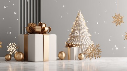Minimalist Christmas scene with glowing golden light tree, elegant gifts, falling snowflakes and luxury festive design on light grey background with copy space for seasonal celebration themes