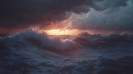 Fototapeta premium A dramatic seascape of powerful ocean waves crashing under dark stormy skies, cinematic lighting with lightning in the background, moody and atmospheric,