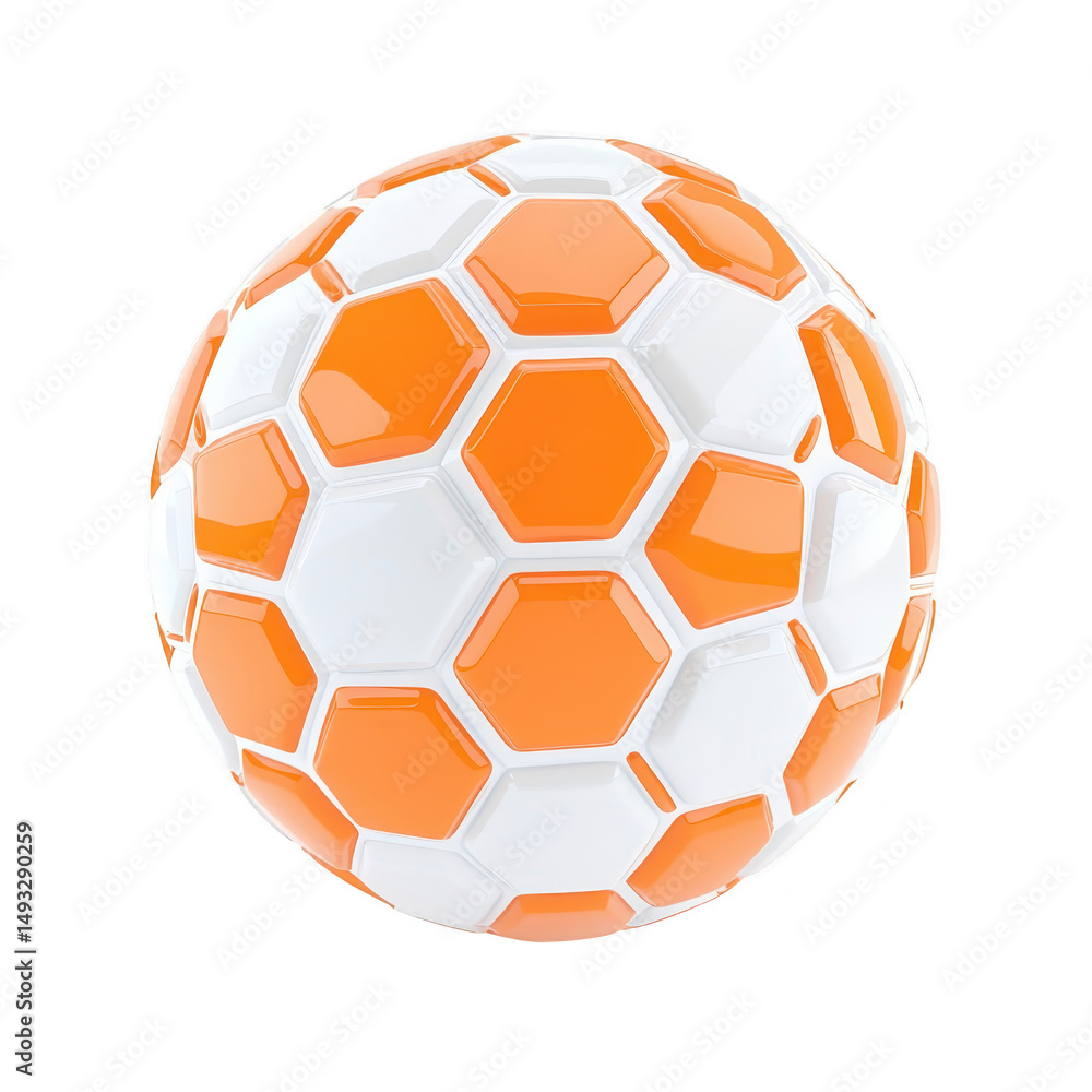 Poster soccer ball with unique design features orange and white hexagonal patterns, creating modern and vib
