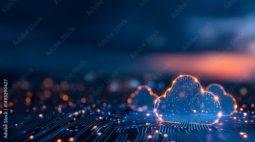 Poster digital clouds with glowing circuits on dark background, concept of cloud computing technology. 8102