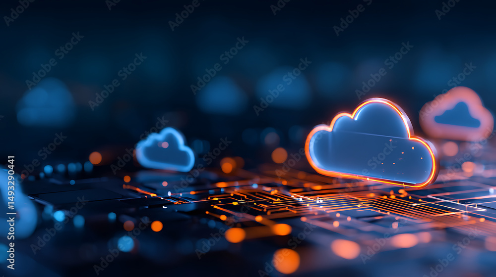 Poster digital clouds with glowing circuits on dark background, concept of cloud computing technology. 2944