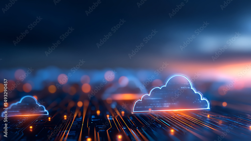 Poster digital clouds with glowing circuits on dark background, concept of cloud computing technology. 7123