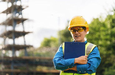 Fototapeta premium Portrait of Female construction site supervisor stands confidently with clipboard wearing protective gear and safety sunglasses