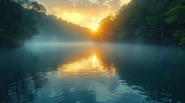 Serene Sunrise over Misty River Peaceful Nature Photography