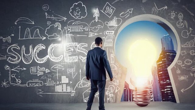Success through Innovation: A visionary individual stands poised before a glowing lightbulb-shaped portal, gazing at a skyline.