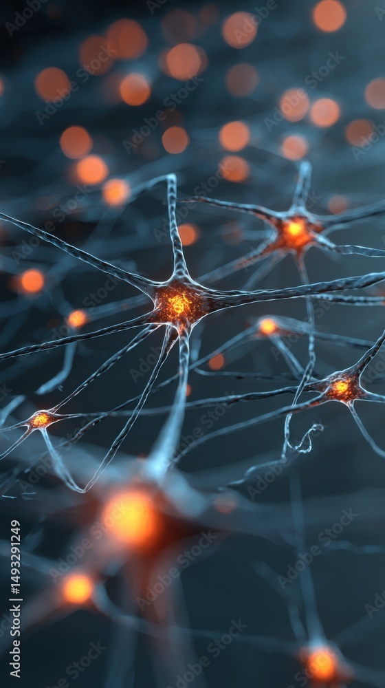 Aufkleber neural network close up view of neuron cells firing with glowing synapses in dark blue background me