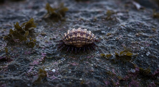 Close up of a chiton on a rock surrounded by seaweed in a natural environment outdoors