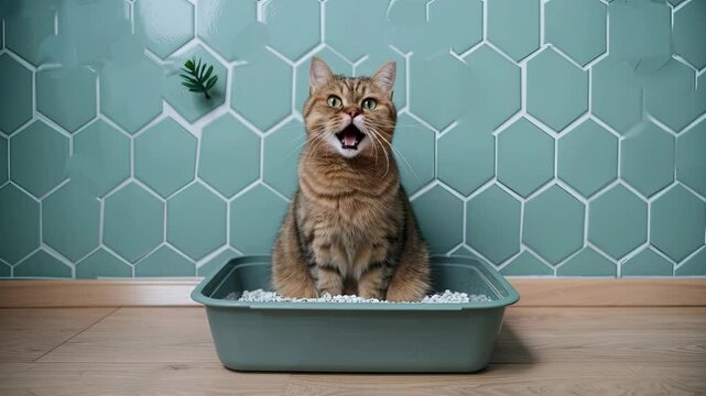 A playful cat investigates its litter box surrounded by stylish hexagonal tiles and a tranquil atmosphere in the bathroom