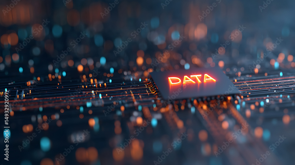 Aufkleber neon data text surrounded by circuit lines on dark background. 3d rendering 71245106 1
