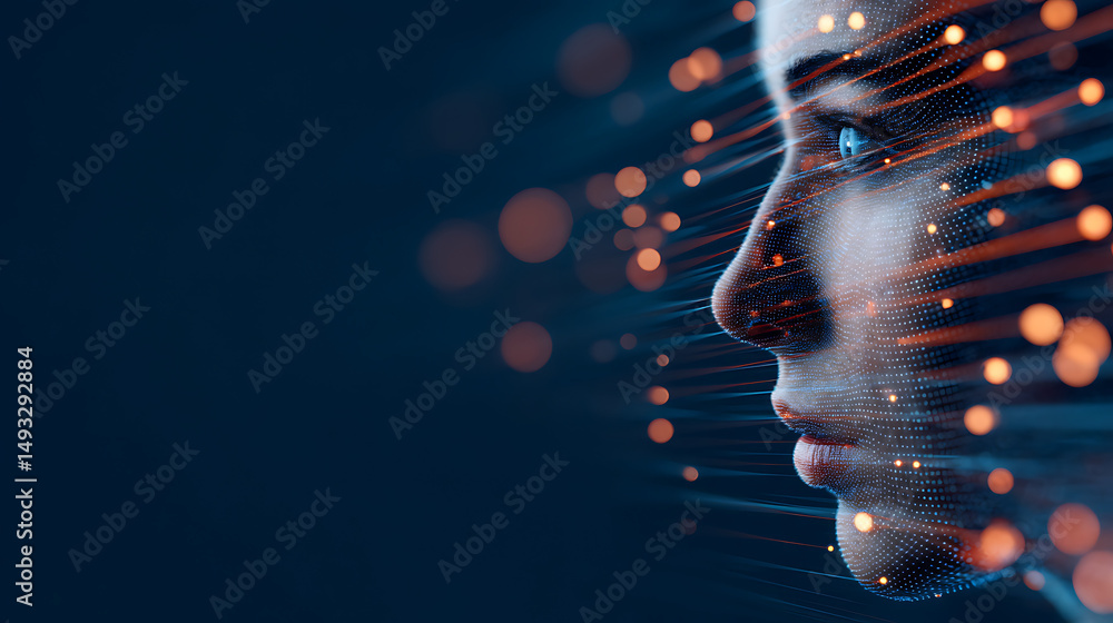 Poster digital face composed of glowing particles and lines on a dark background illuminated by bright ligh