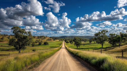 Naklejka premium Scenic dirt road through green hills under a blue sky with clouds