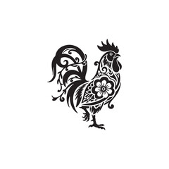 Ornate Rooster Silhouette with Floral Accents