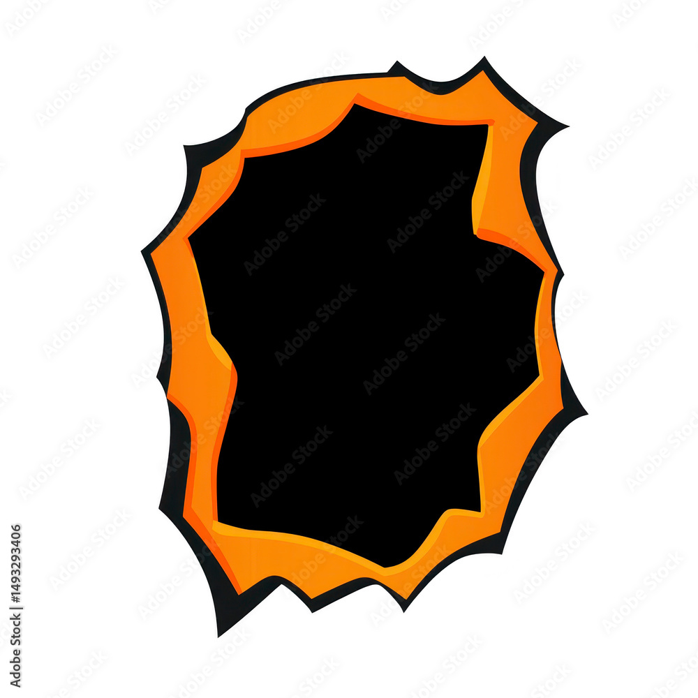Poster jagged, orange frame with torn paper effect creates dynamic border around central black space, perfe