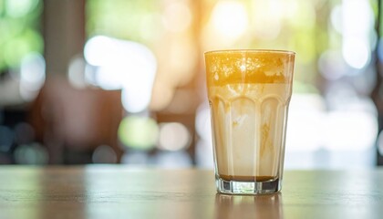 Golden Latte In Glass On Table With Blurred Cafe Background