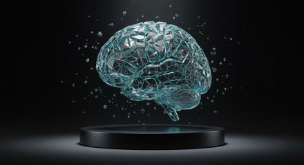 Shattered transparent glass brain floating above dark pedestal with black background