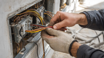 Obraz premium Electrician working on wiring connections at a construction site