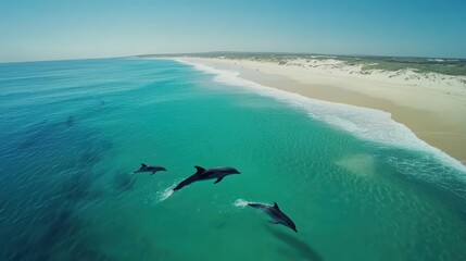 Naklejka premium Aerial view of dolphins leaping through clear turquoise waters near a sandy beach