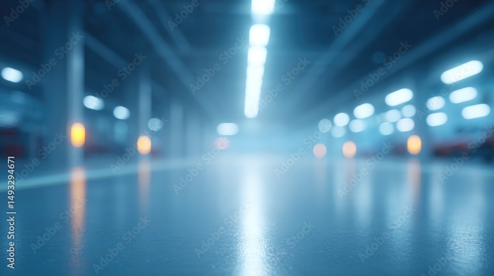 Poster minimalistic image of empty clean automotive repair garage with various tools subtly visible in back