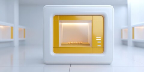 Obraz premium Healthcare Costs premium concept. Modern yellow and white microwave in a minimalist setting.