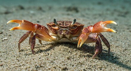 Close up shot of a crab on the sand with its claws raised in a defensive posture