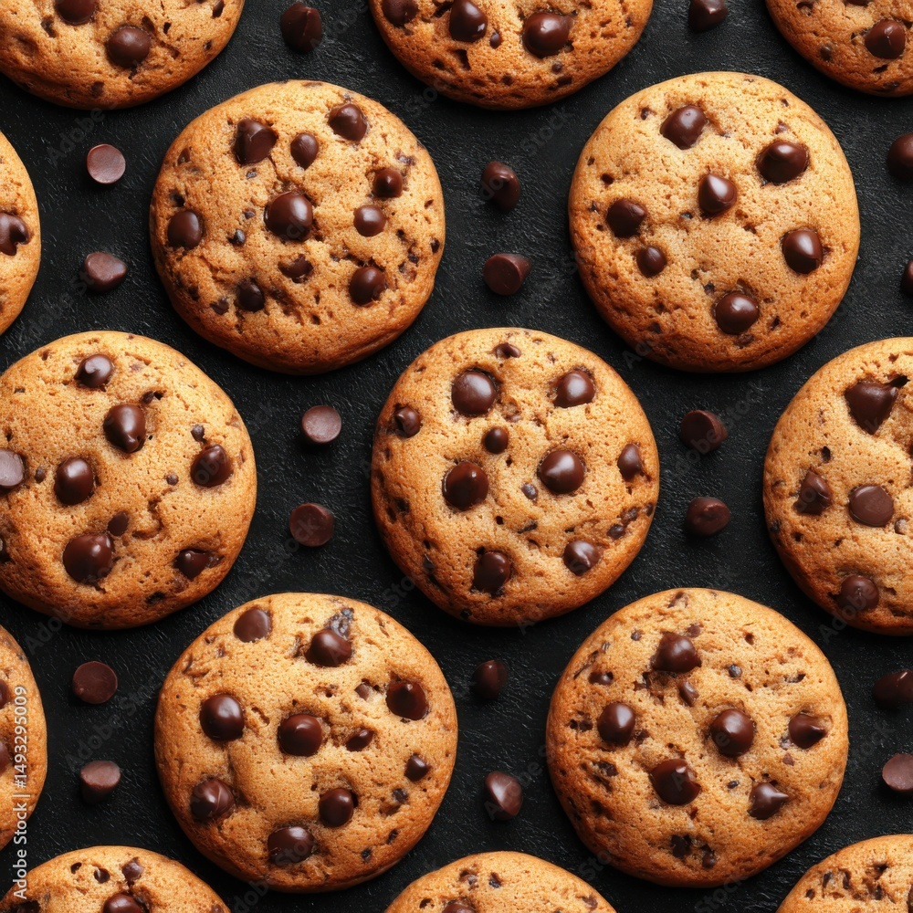 Poster overhead flat lay of chocolate chip cookies on a dark surface for a seamless pattern background in s