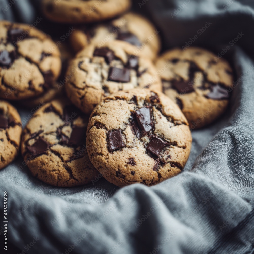Poster close-up of chocolate chip cookies displayed on a gray linen cloth in a rustic style for a delicious