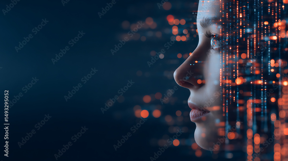 Poster digital human head with glowing data particles on dark background, concept of artificial intelligenc