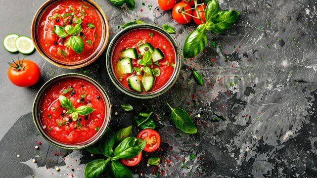 Three bowls of gazpacho display vibrant colors and garnishes of fresh herbs and vegetables, perfect for a summer meal